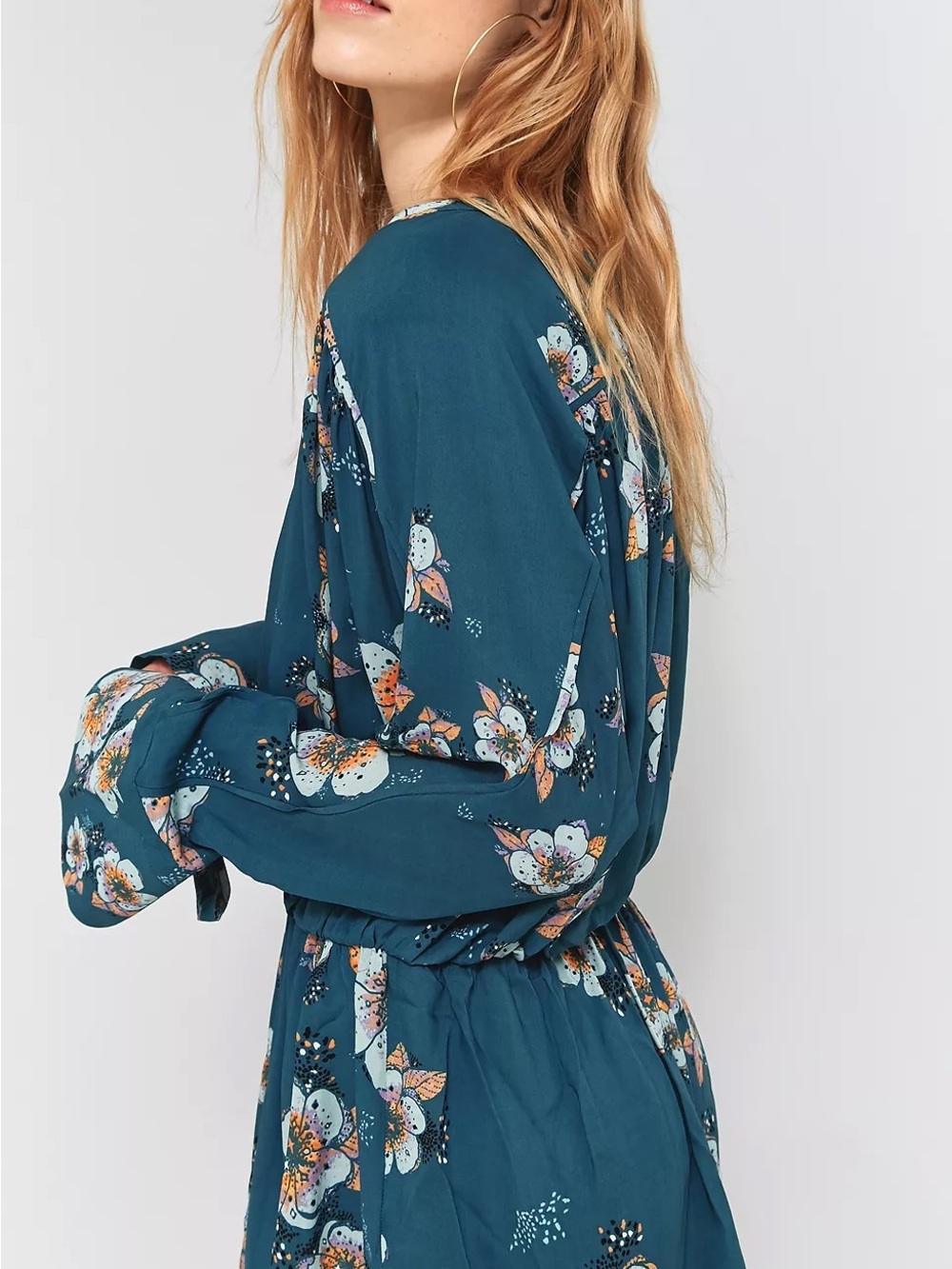 Free People Tuscan Dreams Floral Tunic Mini Dress Teal Blue Faux Wrap - Picture 3 of 11